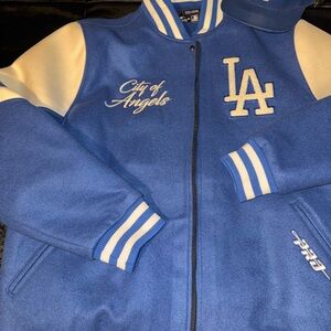 Blue and White Varsity Jacket LA Dodgers with Leather brim  and strap hat.